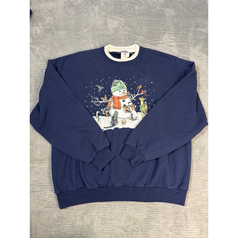Jerzees Activewear Sweatshirt Mens XL Snowman Art Snowman Print Crewneck Blue